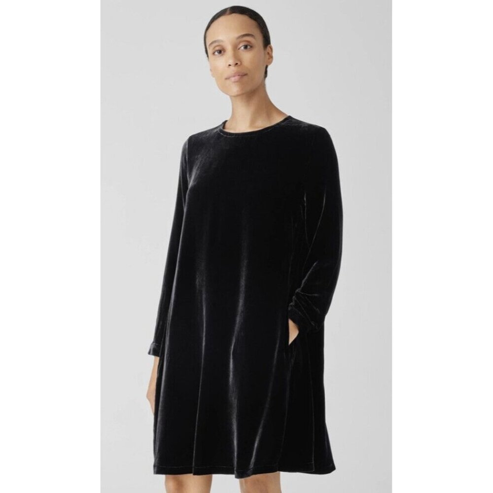 New Eileen Fisher Velvet Crew Neck Knee Length Holiday Dress Black Sz XS - Picture 6 of 10
